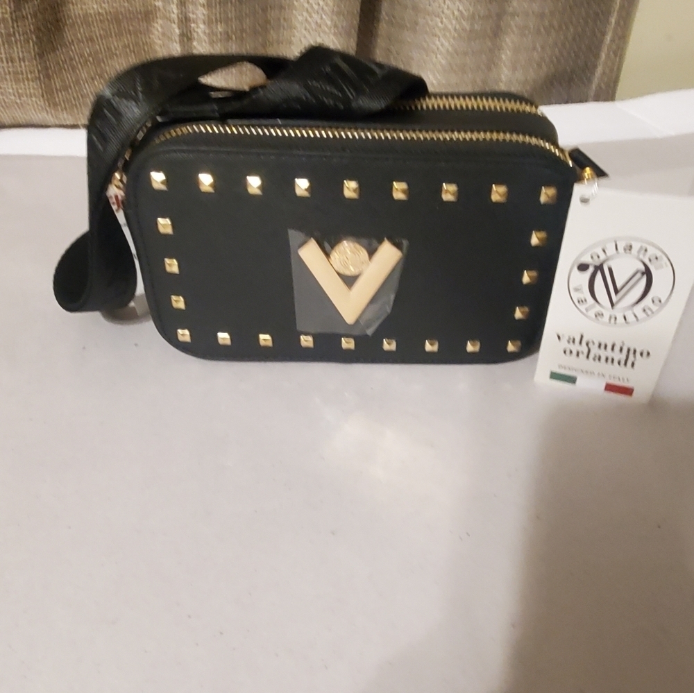 Valentino Orlandi NWT black Studded Gold Hardware. 2 Compartnents. Crossbody
